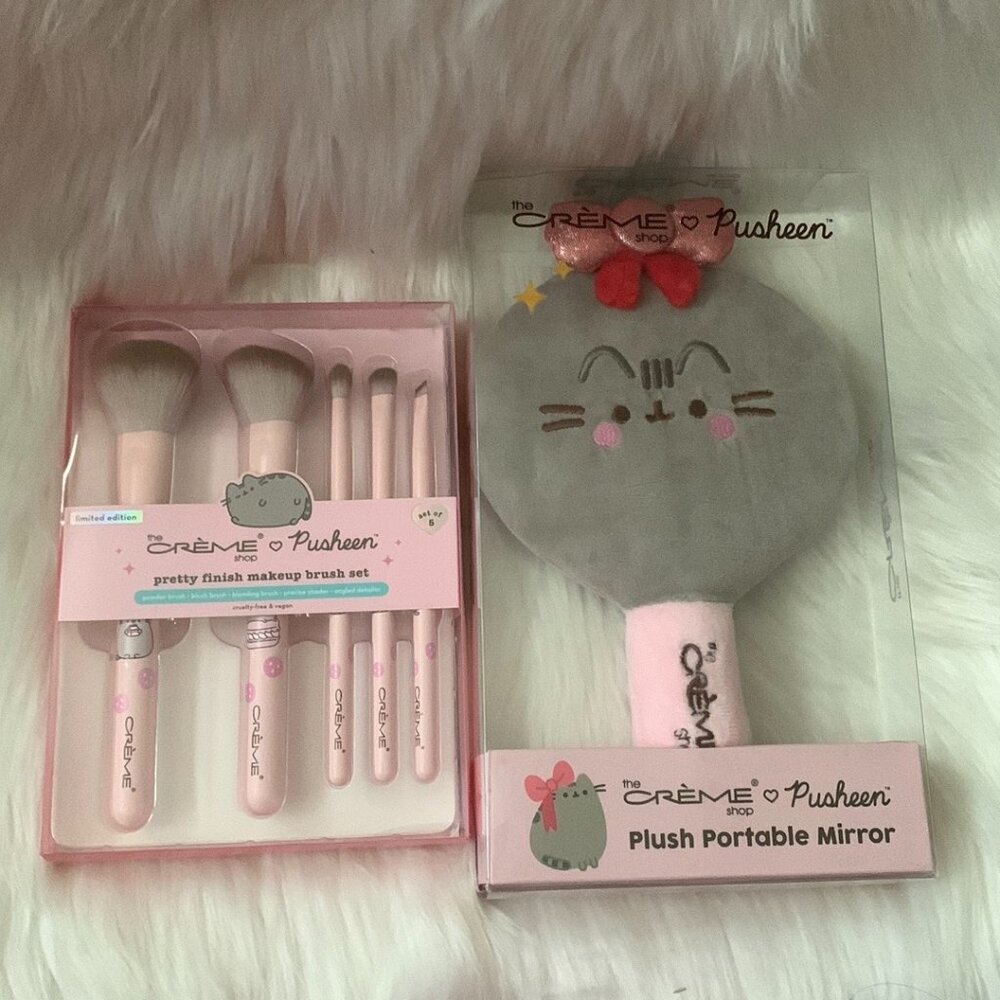 PUSHEEN CAT Pretty Finish Makeup Brush Set with Plush Portable Mirror SET